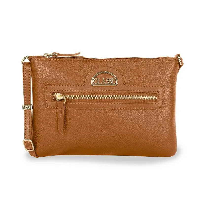 Bolsa crossbody de couro caramelo Classe Couro com bolso frontal e alça ajustável